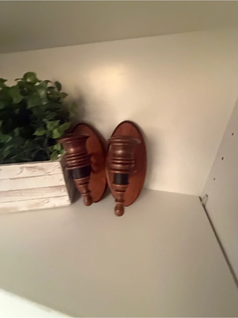 Vintage Wood & Wrought Iron Wall Candle Sconces Pair Colonial Cottage Decor